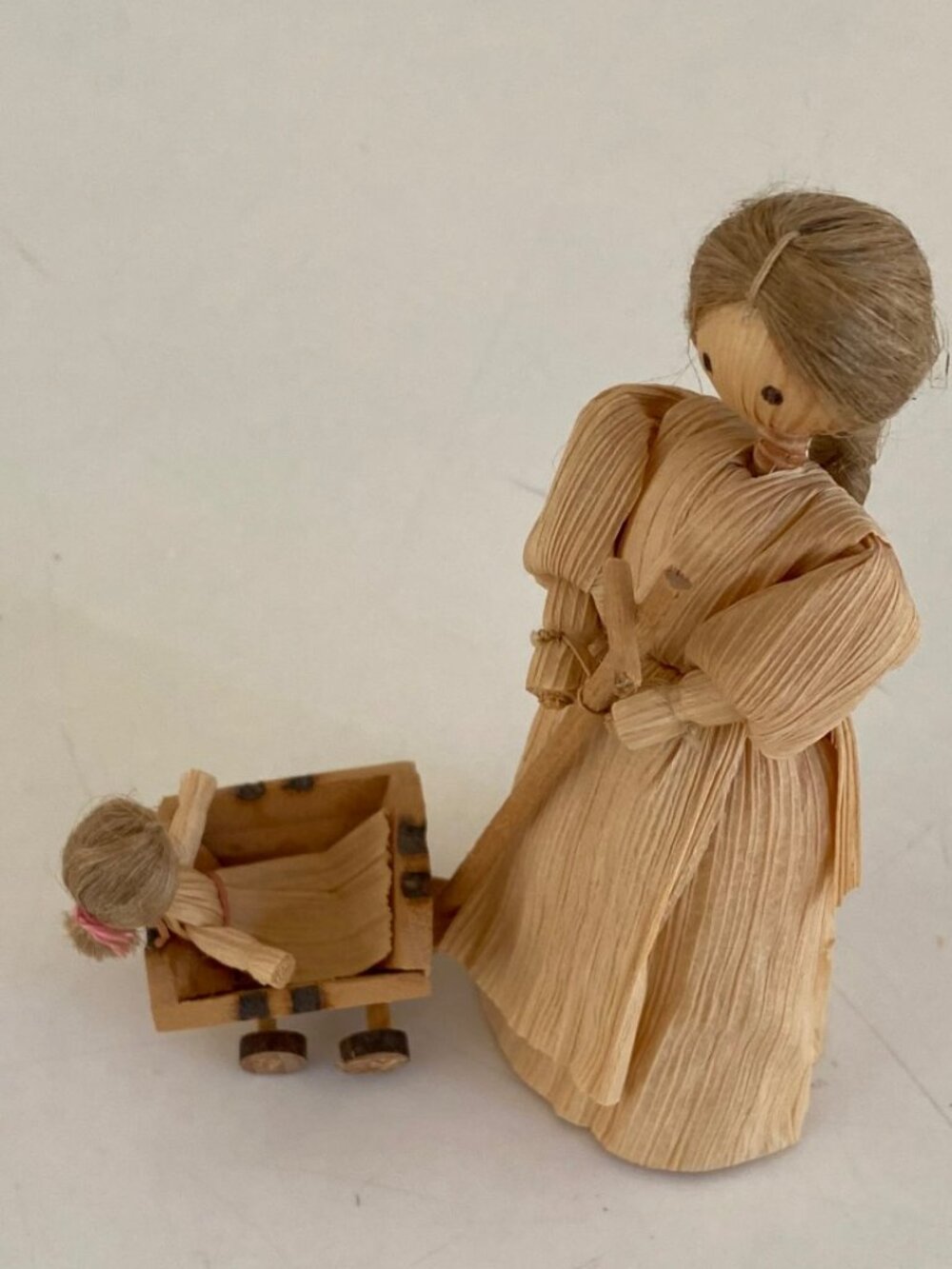 Doll, Vintage Cornhusk Doll with Baby in Cart